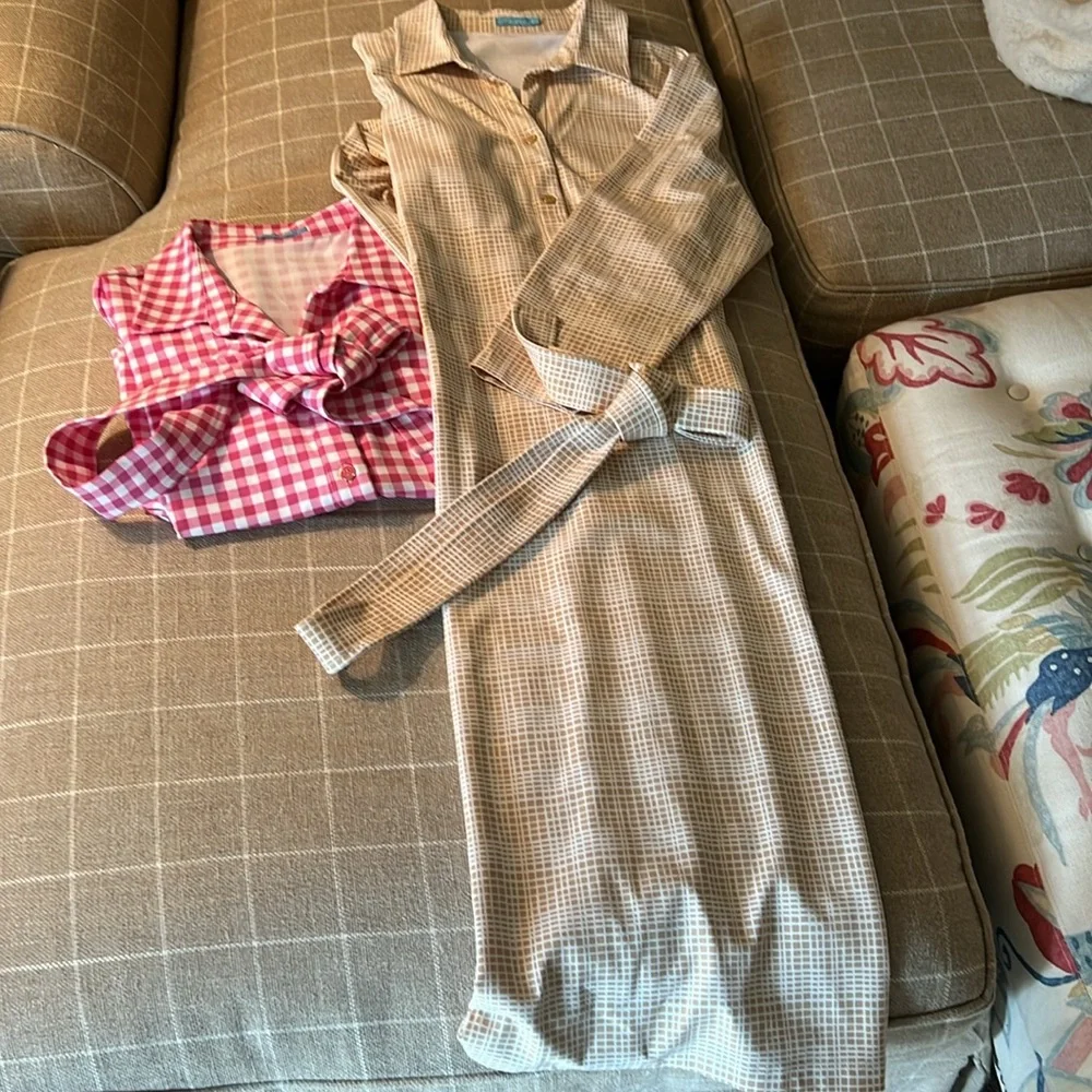 J. McLaughlin (2 dresses) Pink Gingham & Tan Check Shirt Dresses - Picture 3 of 10